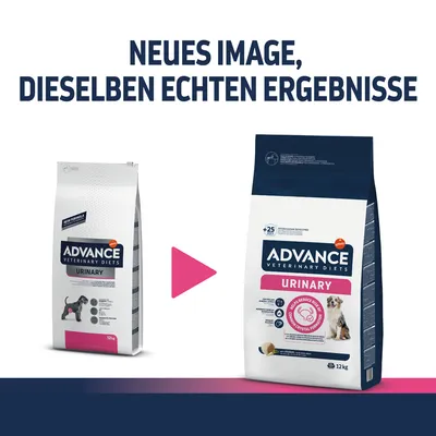 Advance Veterinary Diets Urinary kutyatáp régi és új csomagolása, mindkettőn látható a márkanév, terméknév és 12 kg. Felirat németül: NEUES IMAGE, DIESELBEN ECHTEN ERGEBNISSE. Advance Veterinary Diets Urinary kutyatáp régi és új csomagolása, mindkettőn látható a márkanév, terméknév és 12 kg. Felirat németül: NEUES IMAGE, DIESELBEN ECHTEN ERGEBNISSE.