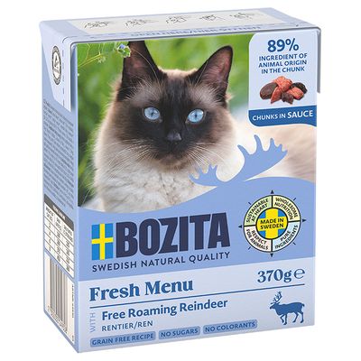 Bozita Fresh Menu szabadon tartott rénszarvassal, 370g. Gabonamentes, cukor nélkül, színezékmentes. 89% állati összetevők darabokban, Made in Sweden.