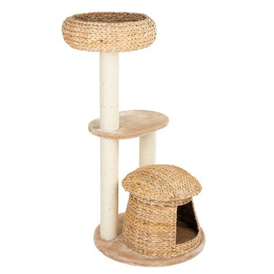 Cat tree with three levels, sisal posts and woven basket design. Top lying area, middle platform and enclosed cave at the base.
