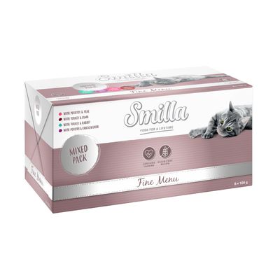 Smilla Fine Menu macskaeledel pulyka és nyúl, 24×100 g-os csomag. Csomagoláson: contains taurine, grain-free recipe, with turkey & rabbit, 100 g.