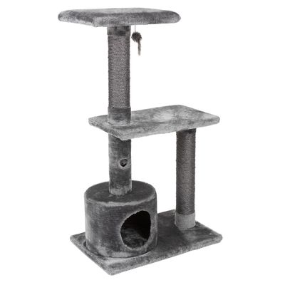 Grey scratching post with three levels, cave, sisal posts and hanging toy.