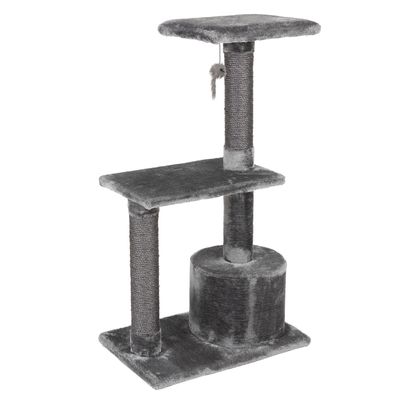 Grey scratching post with three levels, two sisal posts and a hanging play mouse.