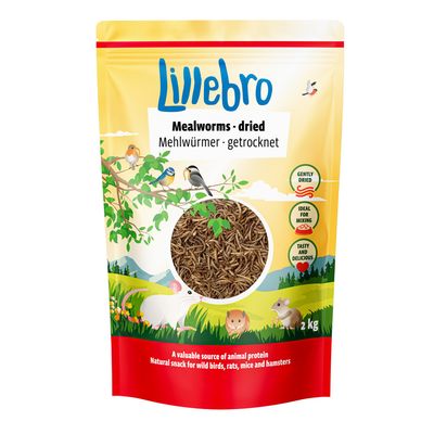 Lillebro szárított lisztkukac, 2 kg. Természetes snack vadmadaraknak, patkányoknak, egereknek és hörcsögöknek. Kíméletesen szárított, keveréshez ideális, ízletes.