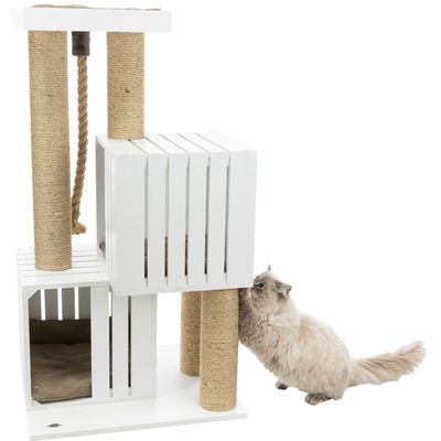 White cat tree with sisal-wrapped posts, rope toy and two levels. Beige cat examines the upper level.