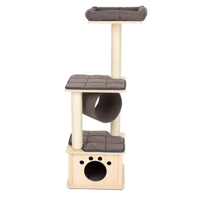 Cat tree made of wood with three levels, sisal posts, padded lying areas and cave with paw motif. Tunnel between the levels.