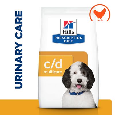 Hill's Prescription Diet c/d Multicare kutyatáp csomagolás, URINARY CARE felirattal és narancssárga csirke szimbólummal