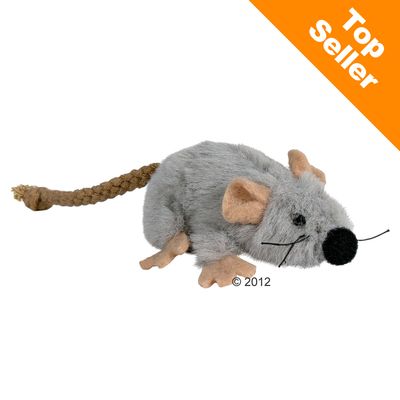 Siva plišana igračka miš s pletenim repom. U gornjem desnom kutu narančasta oznaka s bijelim tekstom: Top Seller.