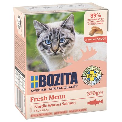Bozita Fresh Menu nyúl szószban, 370g. 89% állati összetevő darabokban. Gabonamentes, cukormentes, színezék nélkül. Svédországban készült tiszta összetevőkből.
