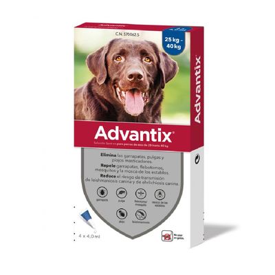 Advantix para perros de 25–40 kg, elimina garrapatas, pulgas y piojos; repele flebotomos, mosquitos y mosca de los establos; reduce riesgo de leishmaniosis. 4 x 4,0 ml.