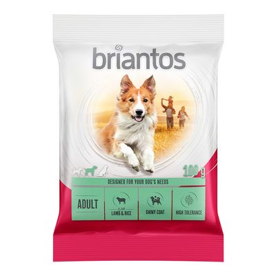 Briantos comida para perros adultos, 100 g. Texto visible: Adult, Lamb & Rice, Shiny Coat, High Tolerance, Designed for your dog's needs.