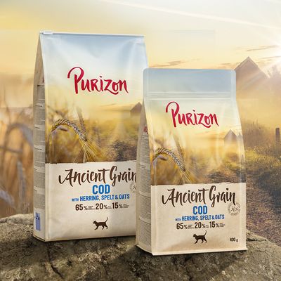 Purizon Ancient Grain Cod with Herring, Spelt & Oats. 65% składników zwierzęcych, 20% owsa, 15% innych składników. Opakowania 400 g i większe widoczne na zdjęciu.