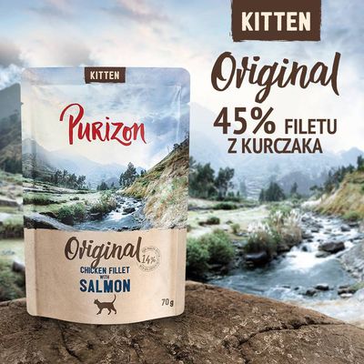 Purizon Kitten Original, 45% filetu z kurczaka, chicken fillet with salmon, 70 g. Opakowanie karmy dla kociąt widoczne na tle krajobrazu.