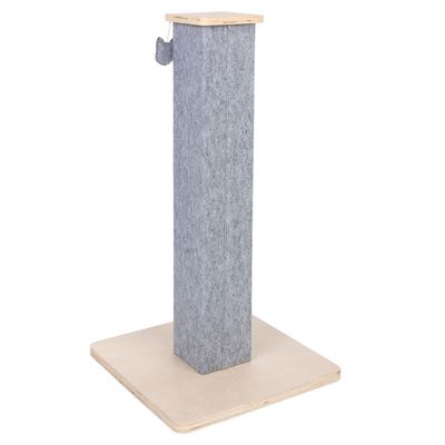 Scratching post with felt cover and wooden base, rectangular base, cat-shaped toy attached to the side.