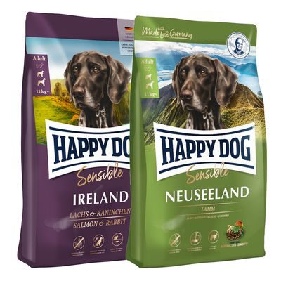 Dva pakiranja Happy Dog Sensible hrane za pse, Irland i Neuseeland, 11 kg. Crveni simbol postotka označava posebnu ponudu ili popust.