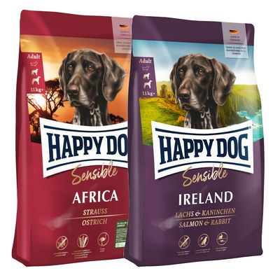 Dva pakiranja Happy Dog Sensible hrane za pse, Irland i Neuseeland, 11 kg. Crveni simbol postotka označava posebnu ponudu ili popust.