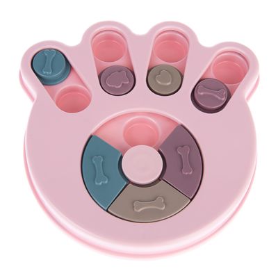 Juguete interactivo rosa en forma de pata con elementos giratorios y símbolos de hueso y corazón.