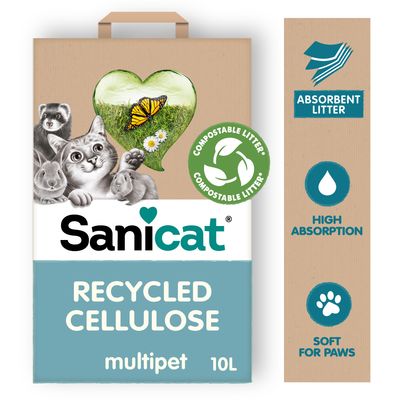 Sanicat Recycled Cellulose arena para gatos, 10L. Compostable, alta absorción, suave para las patas. Adecuada para varios animales. El envase muestra un corazón con motivo natural y símbolo de reciclaje.