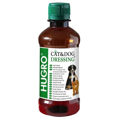 HUGRO Cat&Dog Dressing olej z konopi dla kotów i psów. Wielojęzyczny opis produktu widoczny na butelce.
