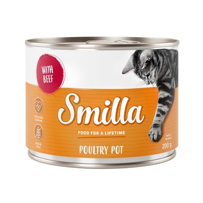 Smilla Poultry Pot macskaeledel, 200 g konzerv, marhával, taurinnal, gabonamentes, Made in Germany.