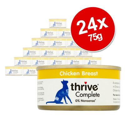 thrive Complete Chicken Breast 24 x 75g tins, yellow and white packaging with blue cat silhouette, visible text: 0% Nonsense