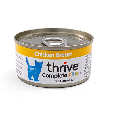 thrive Complete Chicken Breast 24 x 75g tins, yellow and white packaging with blue cat silhouette, visible text: 0% Nonsense
