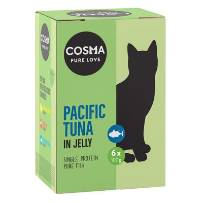 COSMA PURE LOVE PACIFIC TUNA IN JELLY macskaeledel, 6×100 g, single protein pure fish felirattal, zöld dobozban fekete macska sziluettel.