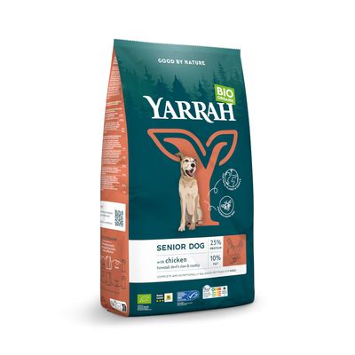 Yarrah Bio Organic Senior Dog száraztáp csirkével, 25% fehérje, 10% zsír. Tartalmaz mezei zsurlót, ördögcsáklyát és csipkebogyót. Tanúsítottan bio, kiegyensúlyozott idősebb kutyáknak.