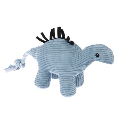 Juguete de dinosaurio de tela azul claro con púas de fieltro negras y cola anudada.