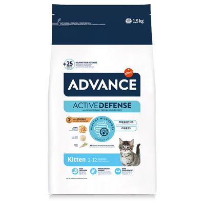 Advance Active Defense Kitten pienso seco con pollo, para gatitos de 2 a 12 meses. Contiene prebióticos, fibras y apoya el sistema inmunitario, desarrollo óseo y digestión fácil. 1,5 kg.