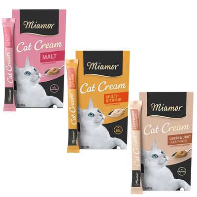 Miamor Cat Cream macska snack, háromféle: Malt, Multi-Vitamin, Malt & Cheese. Mindegyik dobozon 6×15g, narancssárga körben: Próbálja ki!