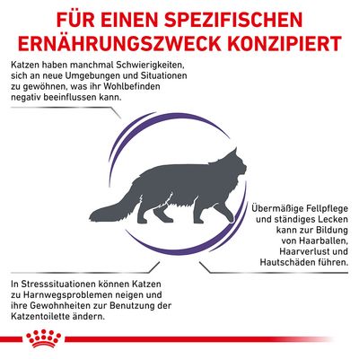 Für einen spezifischen Ernährungszweck konzipiert. Katzen können Stress, Fellpflegeprobleme und Harnwegsprobleme haben, die ihr Wohlbefinden beeinflussen. Royal Canin Logo unten.