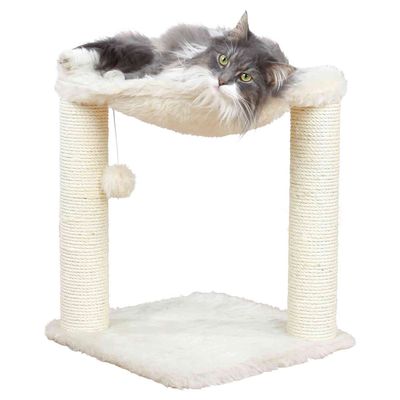 Cat tree with two sisal posts, soft lying surface and play ball. Cat is lying relaxed on the surface.