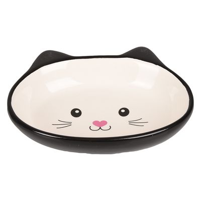 Schwarzer Futternapf aus Keramik mit Katzenmotiv, weisser Innenbereich und schwarzer Aussenrand, geeignet für Futter oder Wasser.