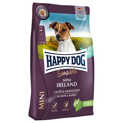 Happy Dog Sensible Mini Ireland, lazac és nyúl, 10 kg-ig kutyáknak, tartósítószer hozzáadása nélkül, Made in Germany, Natural Life Concept.