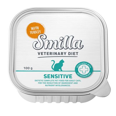 Smilla Veterinary Diet Sensitive z indykiem, 100g. Dietetyczna karma pełnoporcjowa dla dorosłych kotów na nietolerancje składników i składników odżywczych. Opracowana z weterynarzami.