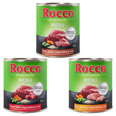 Rocco Menu nedves eledel, 800g konzerv: marha, bárány, zöldség és rizs; marha, baromfi, zöldség és rizs; marha zöldséggel és rizzsel. Szénhidráttal dúsítva.
