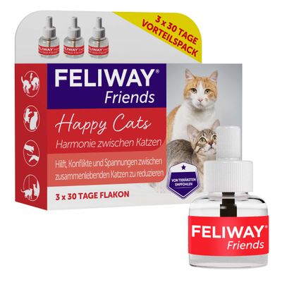 FELIWAY FRIENDS zestaw startowy: opakowanie, dyfuzor i wkład 48 ml. Widoczne koty na opakowaniu oraz tekst: 30 Tage/START-SET, Diffuser & flacon 48 ml.