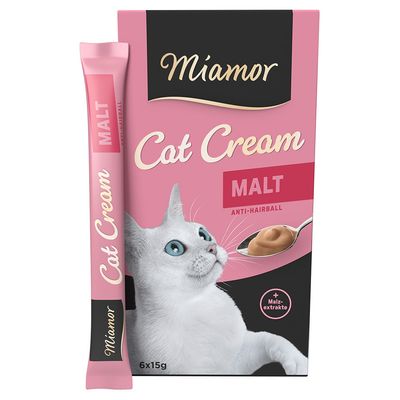 Miamor Cat Cream Malt Anti-Hairball, malátakivonattal, 6x15g csomag. Látható: fehér macska és krém kanálon.