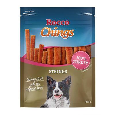 Rocco Chings Strings, 100% pulyka, vékony csíkok eredeti ízzel, 200 g, csomagolás kutyaképpel.