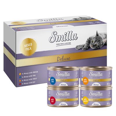 Smilla Deluxe vegyes csomag macskaeledel, 4 fajta: csirke, tonhal, pulyka, marha. Látható 85 g mousse csomagolás és dobozok.