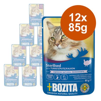 Bozita Sterilised s puretinom, 12x85g. Bez žitarica, švedski prirodni sastojci, pogodno za sterilizirane mačke. Proizvedeno u Švedskoj.