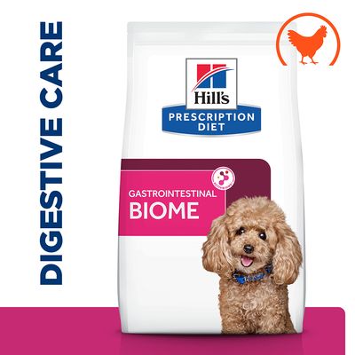 Hill's Prescription Diet Gastrointestinal Biome kutyatáp csomagolás, rajta barna uszkár képe, DIGESTIVE CARE felirat és narancssárga csirke sziluett látható.