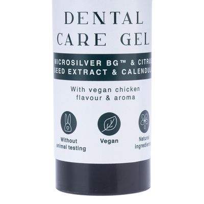 Dental Care Gel z Microsilver BG, ekstraktem z pestek cytrusów i nagietkiem. Wegański, bez testów na zwierzętach, naturalne składniki, smak wegańskiego kurczaka.