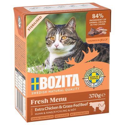 Bozita Fresh Menu atlanti-óceáni tőkehallal, 370g. 89% állati összetevő darabokban, Svédországban készült, gabonamentes, cukor és színezék nélkül.