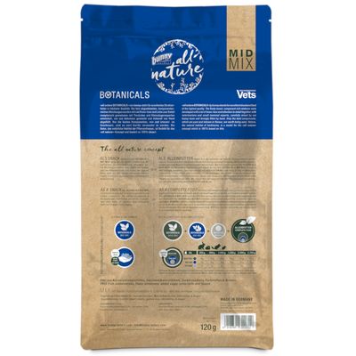 bunny all nature Botanicals MID MIX, 120 g. Csomagoláson etetési útmutató, piktogramok nyulaknak és rágcsálóknak, német és angol leírás, tanúsítvány ikonok láthatók.