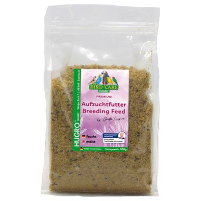 Hugro Bird Care Premium nevelőtáp, nedves, made in Germany, nettó tömeg 500g. Kifejlesztette Günter Langer, 50 év tapasztalattal rendelkező madárszakértő.