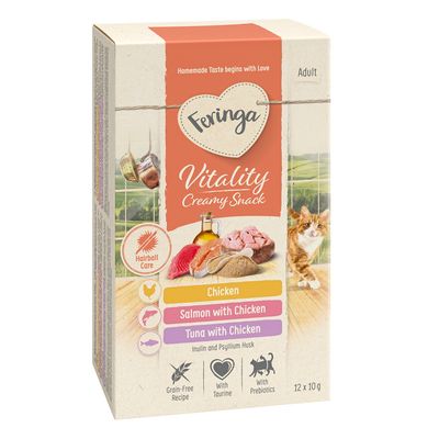 Feringa Vitality krémes snack macskáknak, csirke ízű inulinnal és útifűmaghéjjal. Gabonamentes, taurinnal és prebiotikummal. Szőrlabda ápolás, csomag 12 x 10 g.
