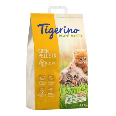 Tigerino Plant-Based Corn Pellets, 100% biodegradable litter with pine scent, fast and strong clumping, flushable, non-stick, extremely low dust, 4.4 kg.
