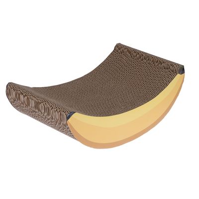 Halbrunde Kratzmatte aus Wellpappe mit brauner Oberfläche und gelben Akzenten an den Seiten.