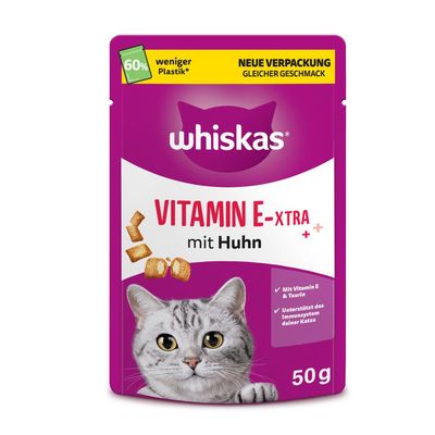 Whiskas Vitamin E-Xtra con pollo, 50g. Nuevo envase con 60% menos plástico. Con vitamina E y taurina, apoya el sistema inmunitario de tu gato.